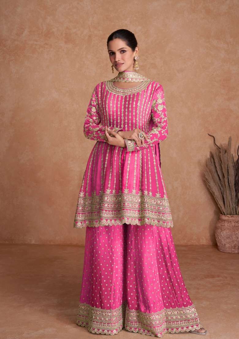Pink Embroidered Chinon Kurta Set - Indya