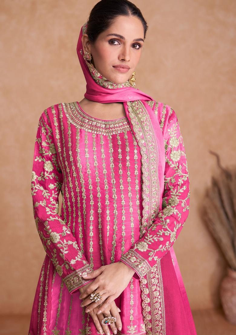 Pink Embroidered Chinon Kurta Set - Indya