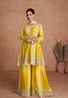 Mustard Embroidered Chinon Kurta Set