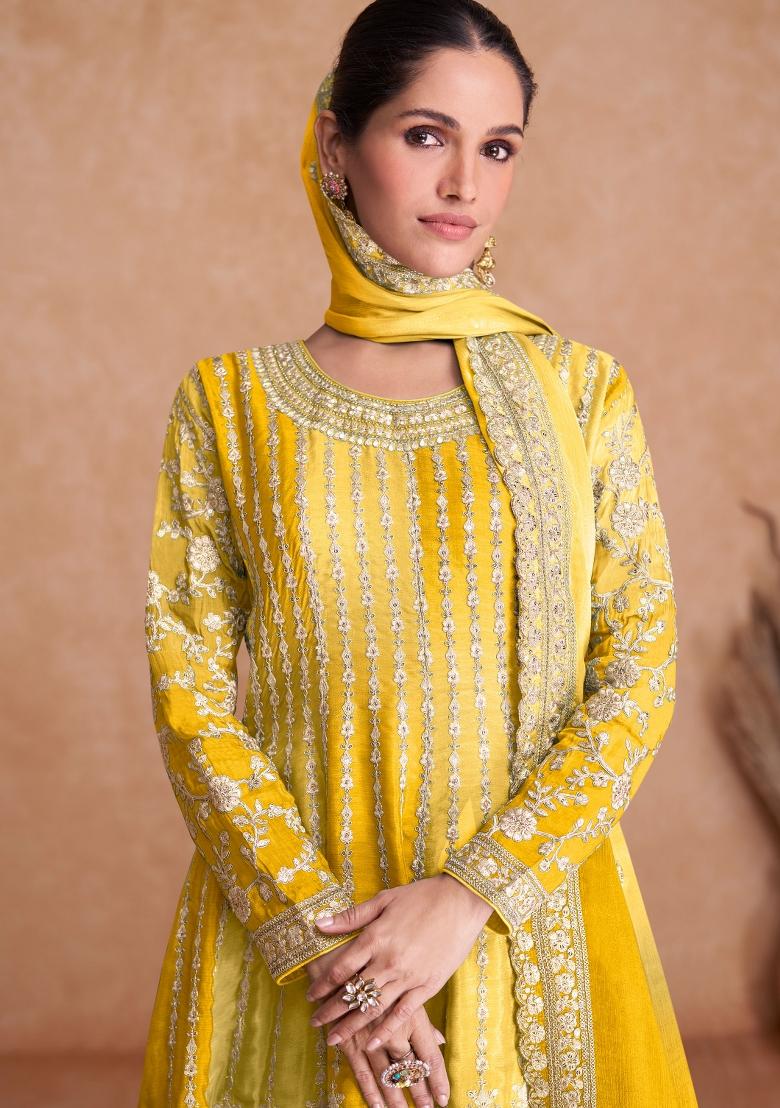 Mustard Embroidered Chinon Kurta Set - Indya