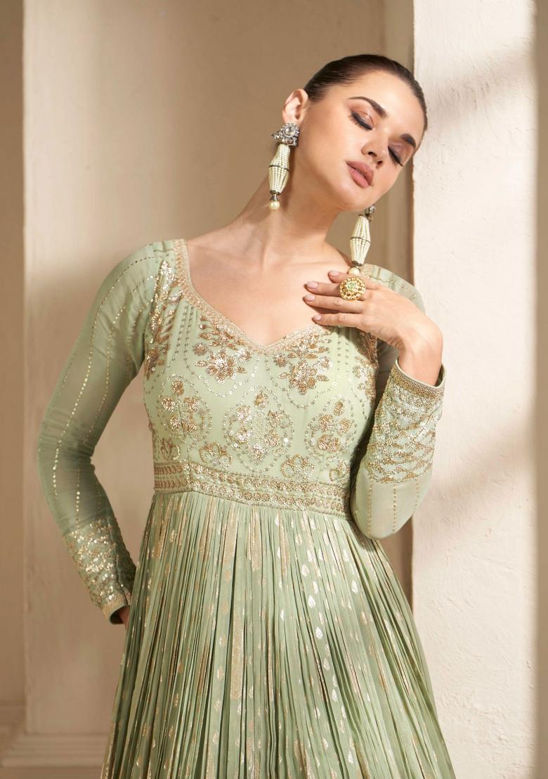 Green Embroidered Silk Kurta With Dupatta - Indya