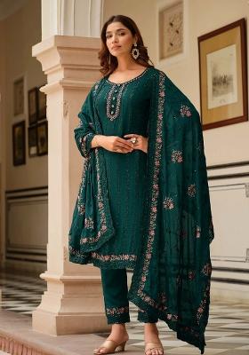 Teal Green Embroidered Chinon Kurta Set