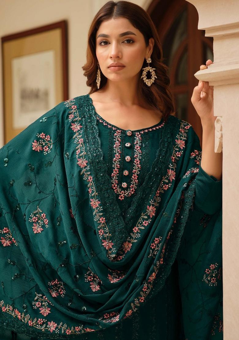 Teal Green Embroidered Chinon Kurta Set - Indya