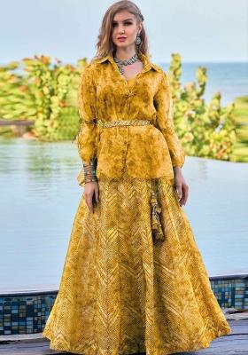 Yellow Printed Silk Kurta Set