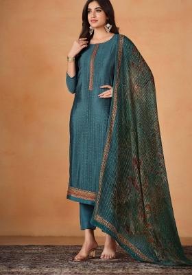 Teal Blue Embroidered Chinon Kurta Set