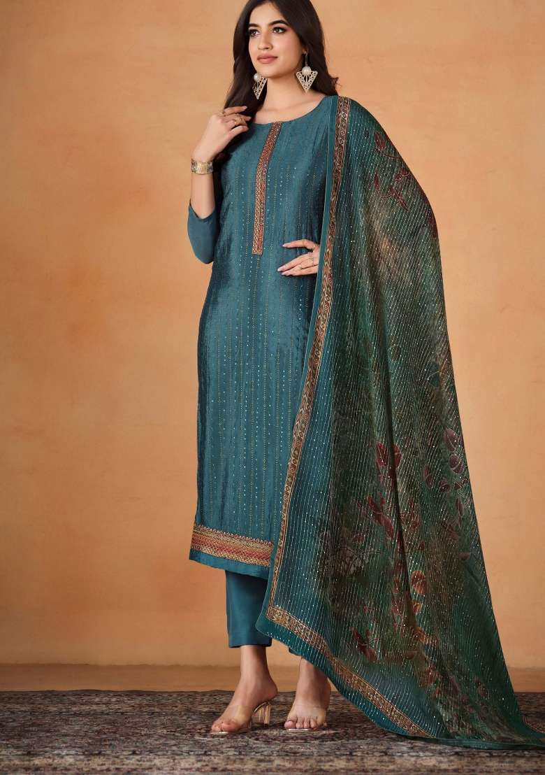 Teal Blue Embroidered Chinon Kurta Set - Indya