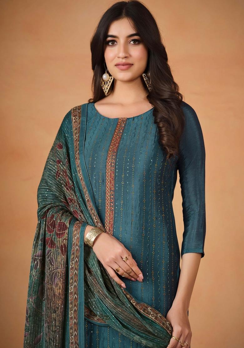 Teal Blue Embroidered Chinon Kurta Set - Indya