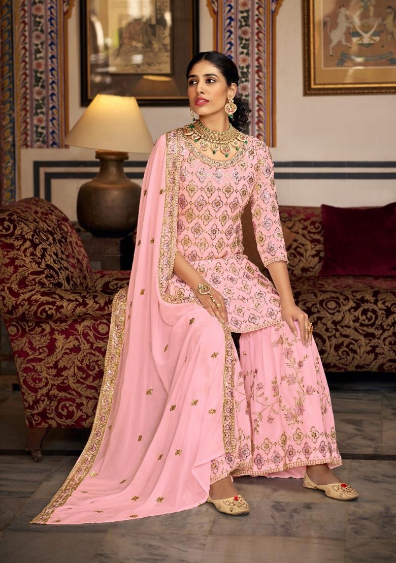 Pink Embroidered Georgette Kurta Set - Indya