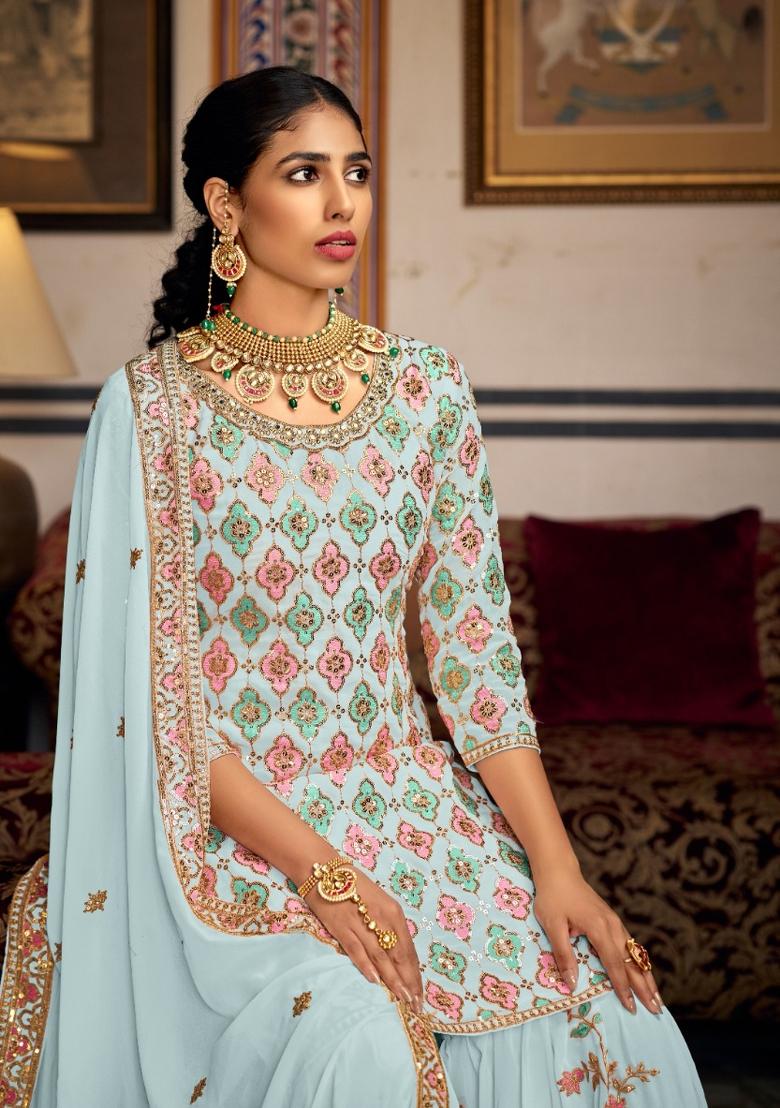 Light Blue Embroidered Georgette Kurta Set - Indya