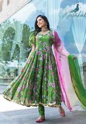 Green Printed Silk Kurta Set
