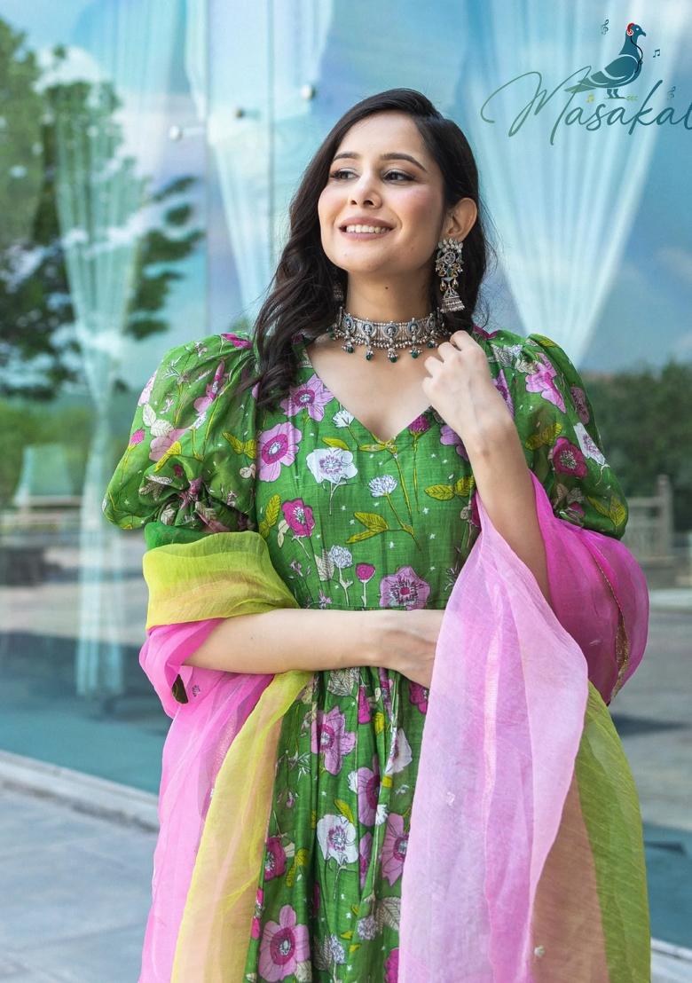Green Printed Silk Kurta Set - Indya