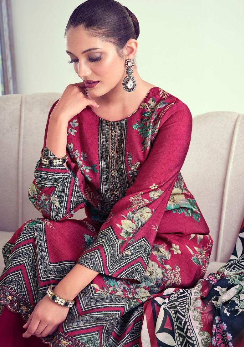 Maroon Embroidered Muslin Kurta Set - Indya