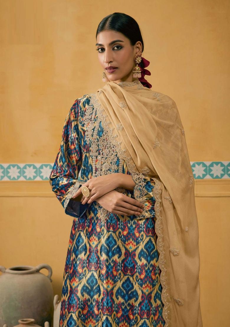Blue Embroidered Velvet Kurta Set - Indya
