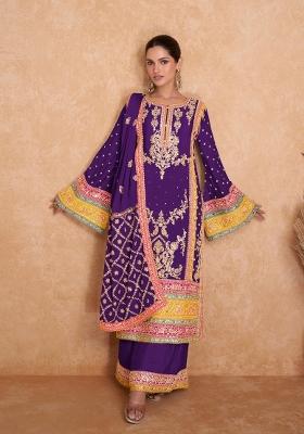 Violet Embroidered Chinon Kurta Set