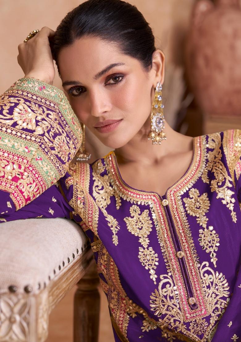 Violet Embroidered Chinon Kurta Set - Indya