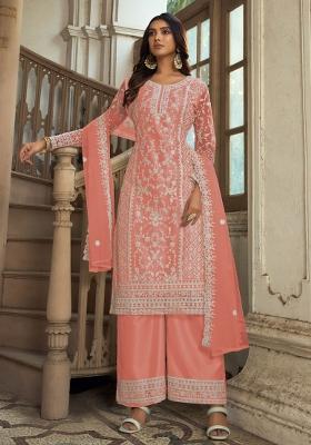 Peach Embroidered Net Kurta Set