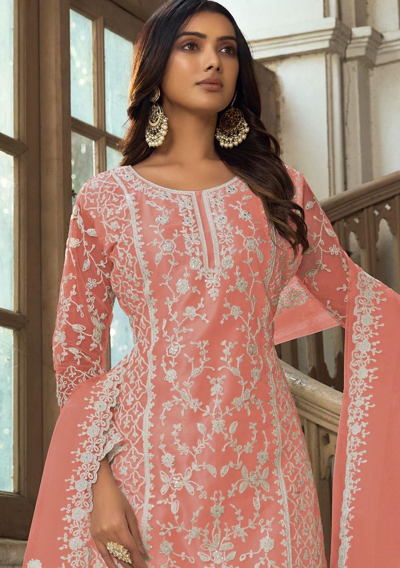 Peach Embroidered Net Kurta Set - Indya