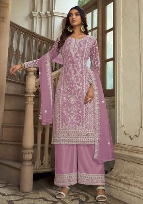 Lavender Embroidered Net Kurta Set
