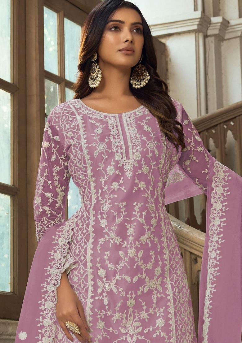 Lavender Embroidered Net Kurta Set - Indya