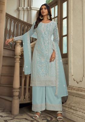 Blue Embroidered Net Kurta Set