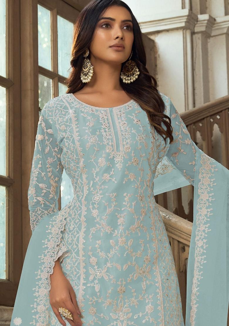Blue Embroidered Net Kurta Set - Indya