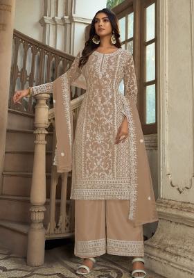 Fawn Embroidered Net Kurta Set