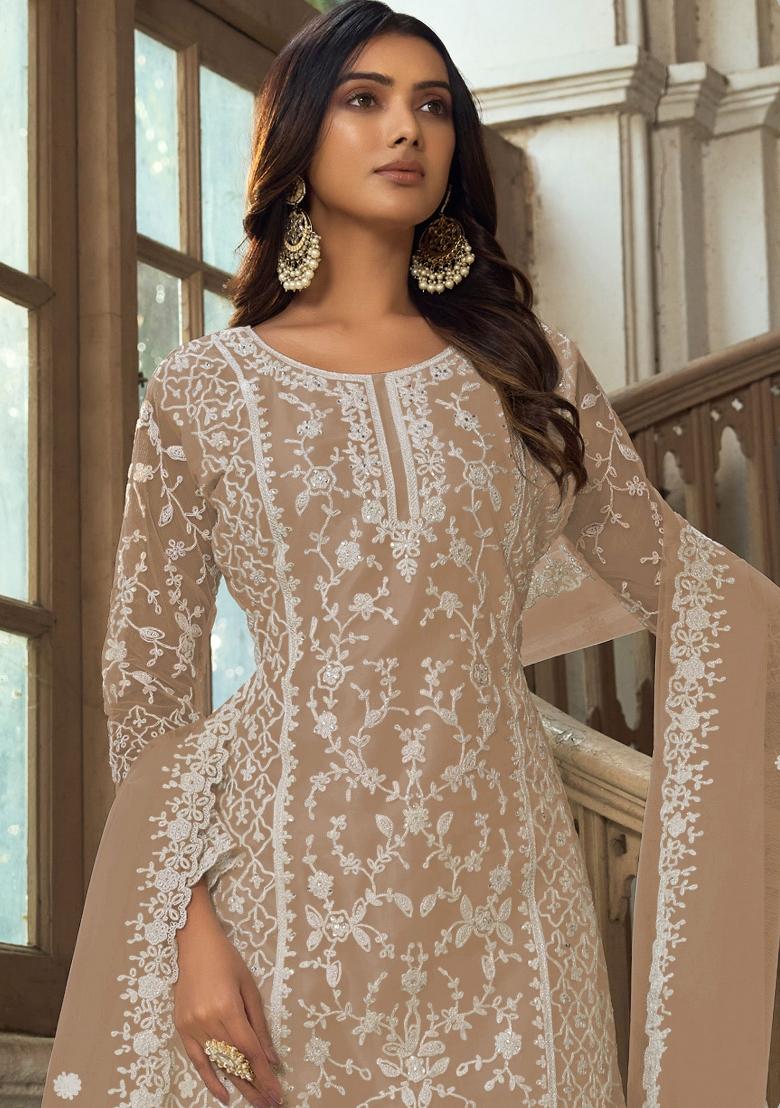 Fawn Embroidered Net Kurta Set - Indya