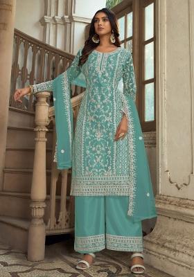 Turquoise Embroidered Net Kurta Set