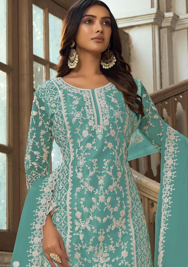 Turquoise Embroidered Net Kurta Set - Indya
