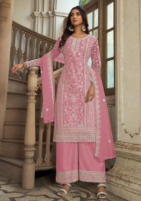 Pink Embroidered Net Kurta Set