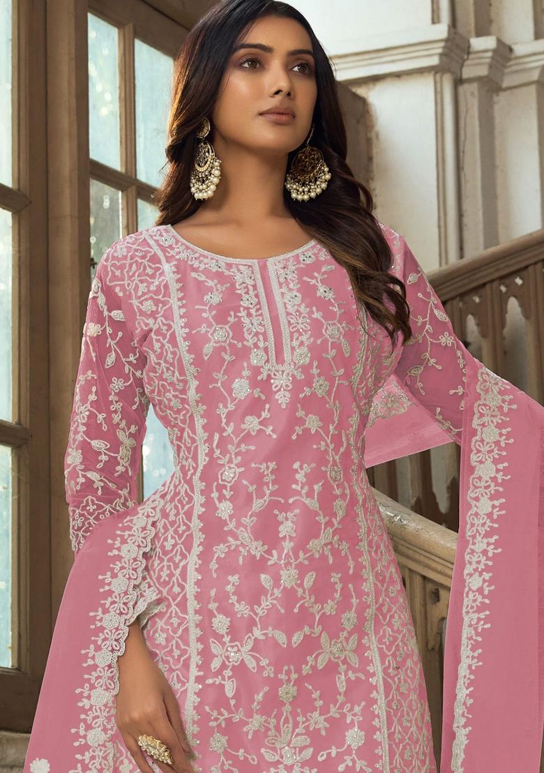 Pink Embroidered Net Kurta Set - Indya
