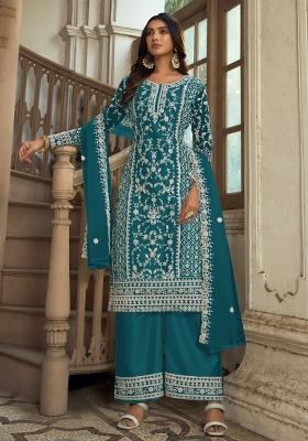 Teal Green Embroidered Net Kurta Set