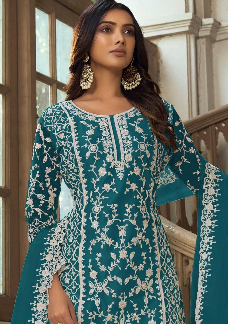Teal Green Embroidered Net Kurta Set - Indya