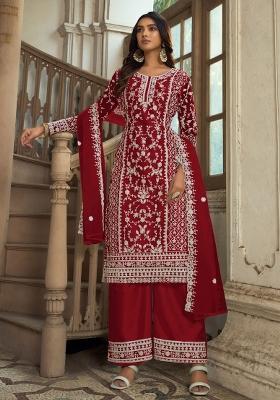 Red Embroidered Net Kurta Set