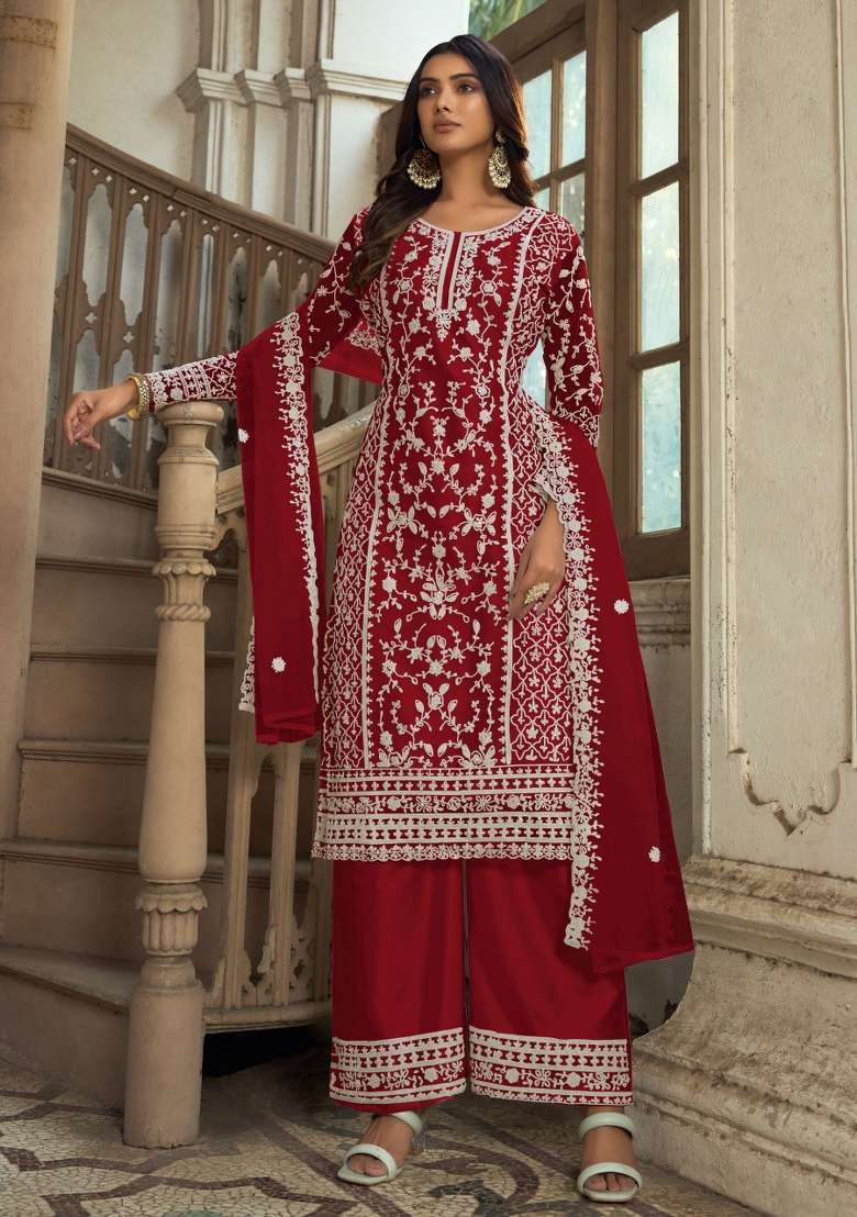 Red Embroidered Net Kurta Set - Indya