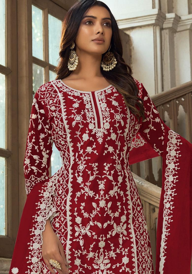 Red Embroidered Net Kurta Set - Indya