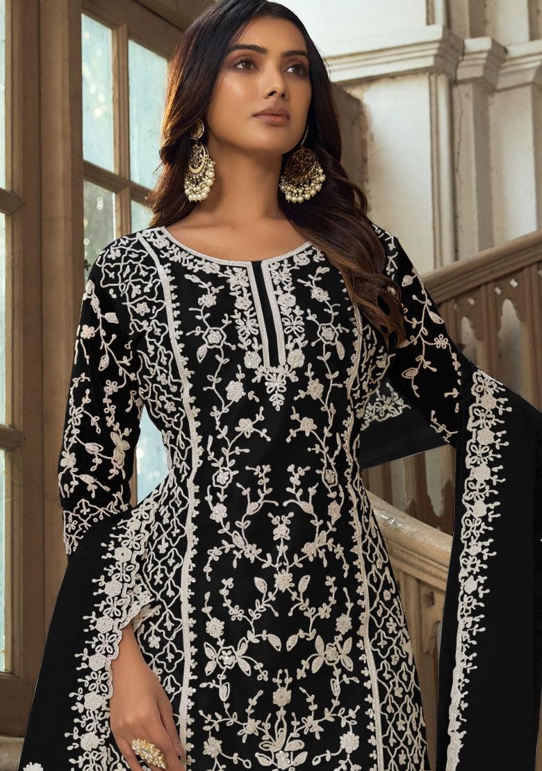 Black Embroidered Net Kurta Set - Indya