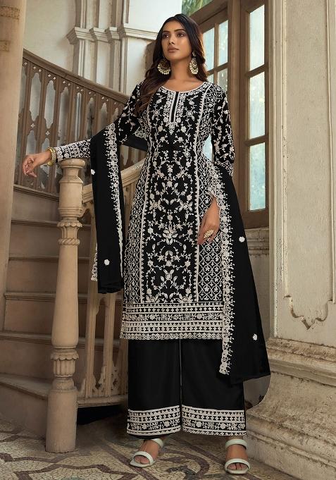 Black Embroidered Net Kurta Set