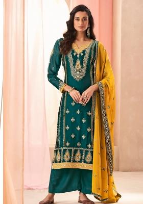 Teal Green Embroidered Silk Kurta Set