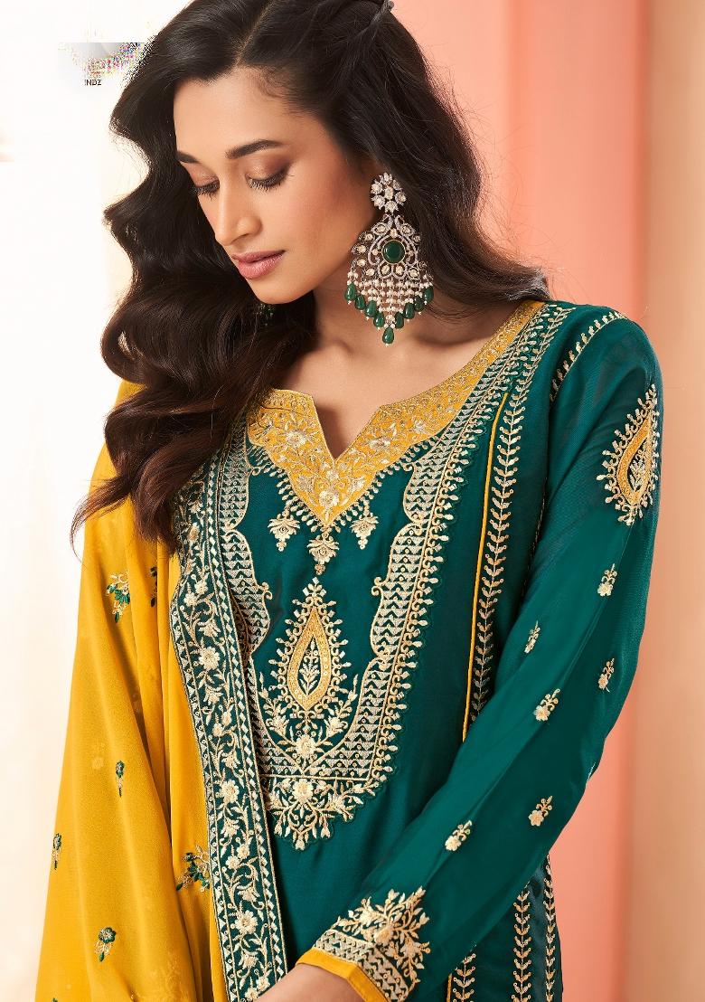 Teal Green Embroidered Silk Kurta Set - Indya