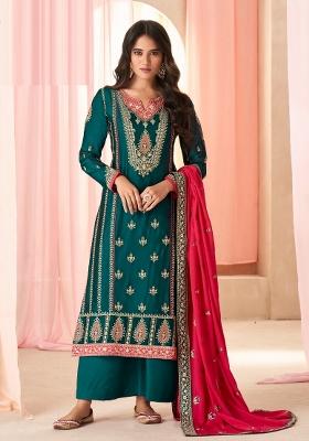 Teal Green Embroidered Silk Kurta Set