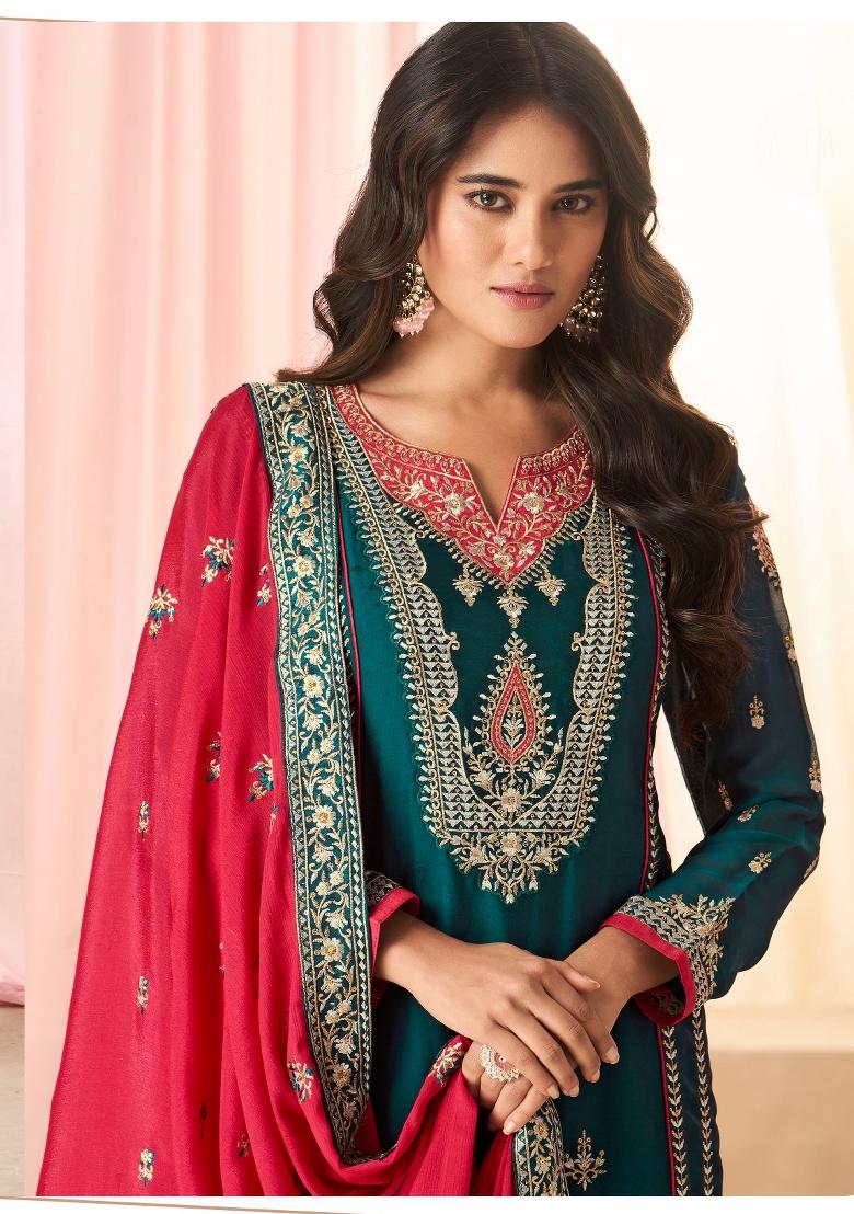 Teal Green Embroidered Silk Kurta Set - Indya