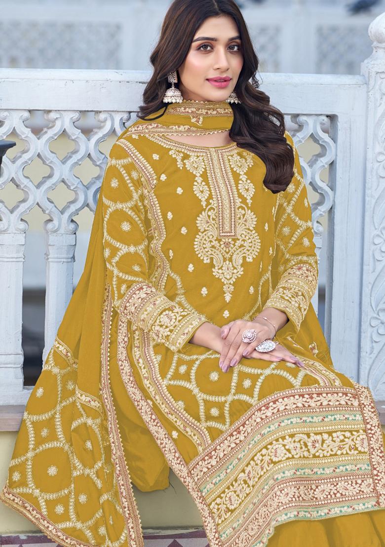 Yellow Embroidered Chinon Kurta Set - Indya