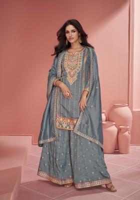 Grey Embroidered Silk Kurta Set