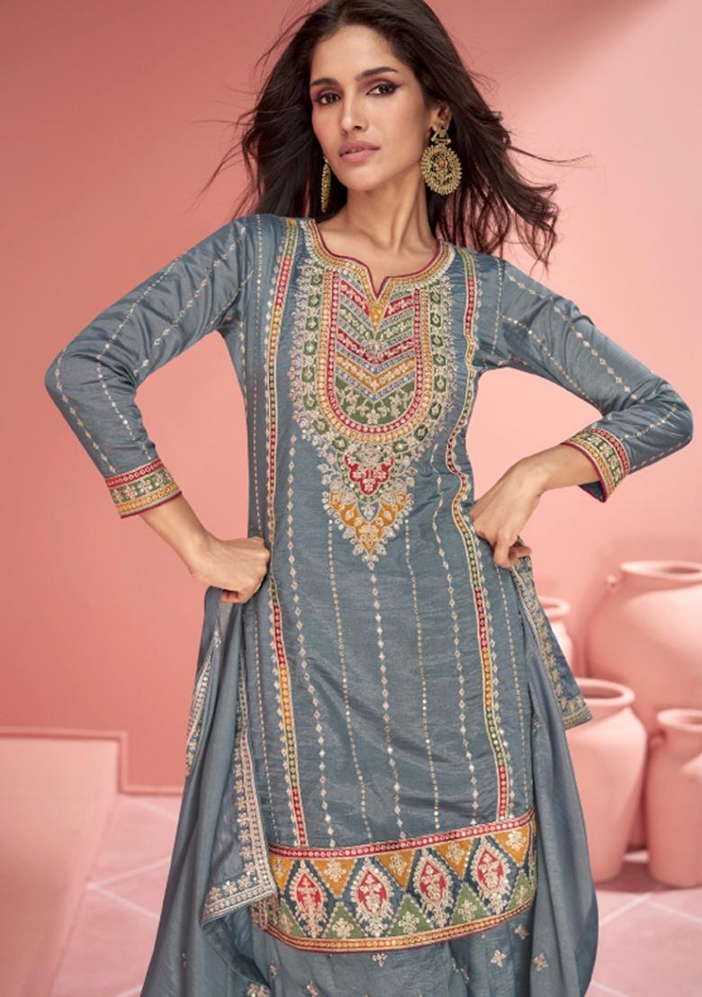 Grey Embroidered Silk Kurta Set - Indya