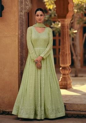 Pista Green Embroidered Georgette Kurta With Dupatta