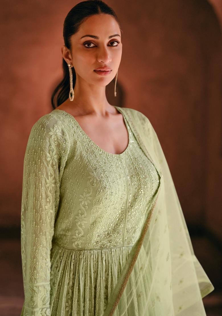 Pista Green Embroidered Georgette Kurta With Dupatta - Indya