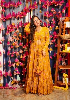 Mustard Printed Chinon Indo Western Suit