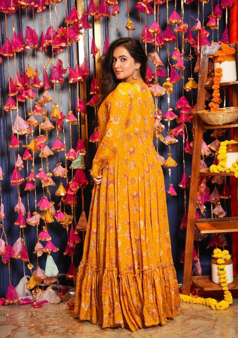 Mustard Printed Chinon Indo Western Suit - Indya