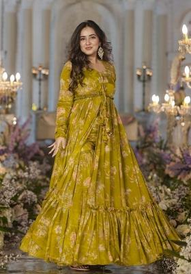 Yellow Printed Chinon Indo Western Suit